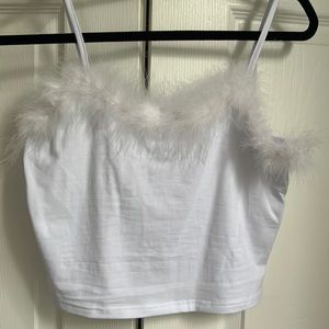 White Crop Top Tank Top with Feathers Women’s Large